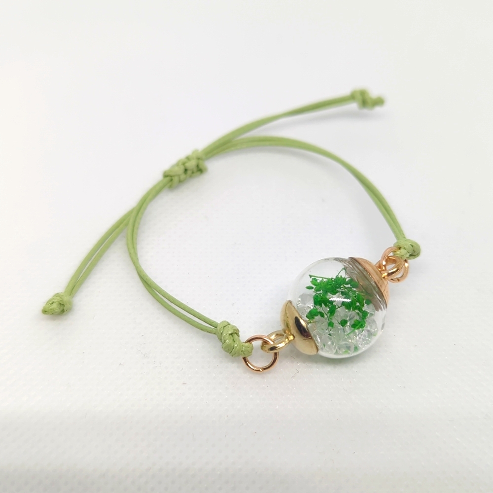 Clear Rhinestones with Green Dried Flowers in Glitter Globe on Green Bracelet